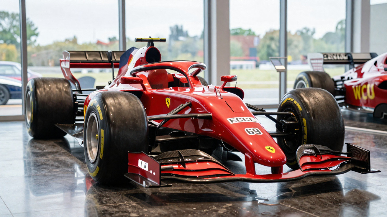 Carro de Fórmula 1 vermelho da Ferrari exposto em ambiente interno com iluminação natural.