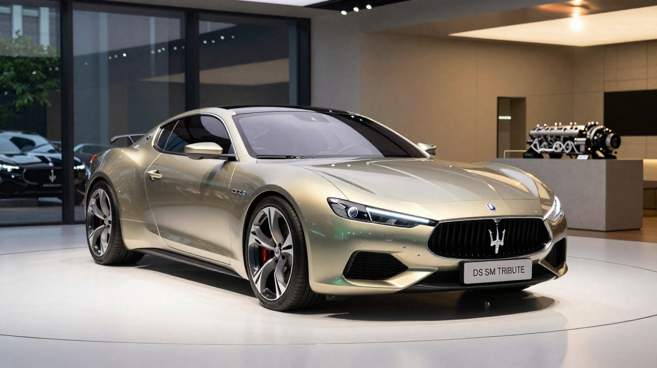 Carro esportivo de luxo Maserati DS SM Tribute exibido em ambiente moderno com iluminação natural.