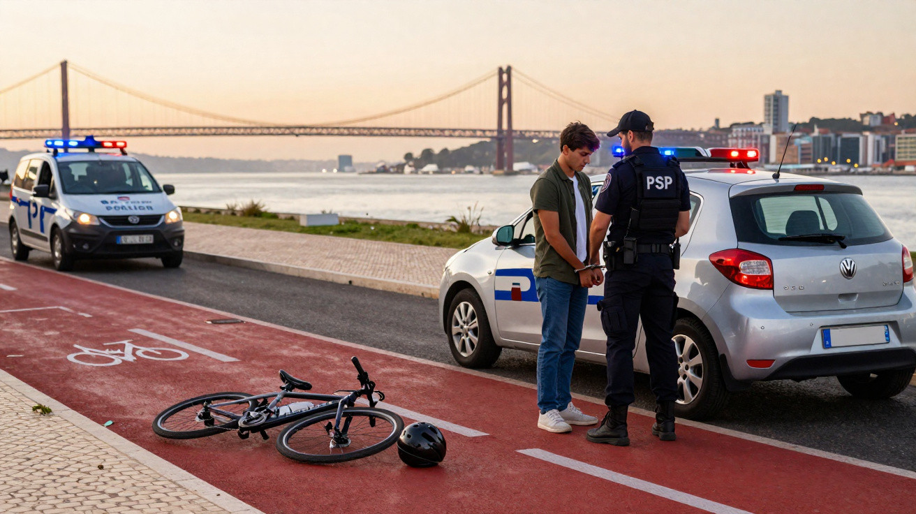 Policial abordando jovem ao lado de carro prata e bicicleta caída na ciclovia à beira do rio ao entardecer.