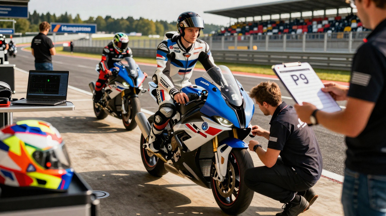 Piloto em preparação para corrida em moto esportiva azul na área de boxe de autódromo.