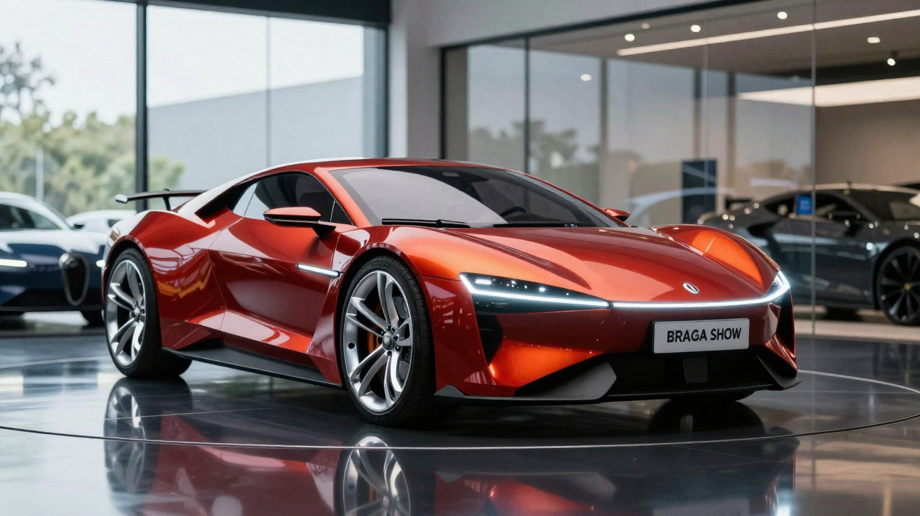 Carro esportivo vermelho metálico em exposição em showroom moderno com piso brilhante.
