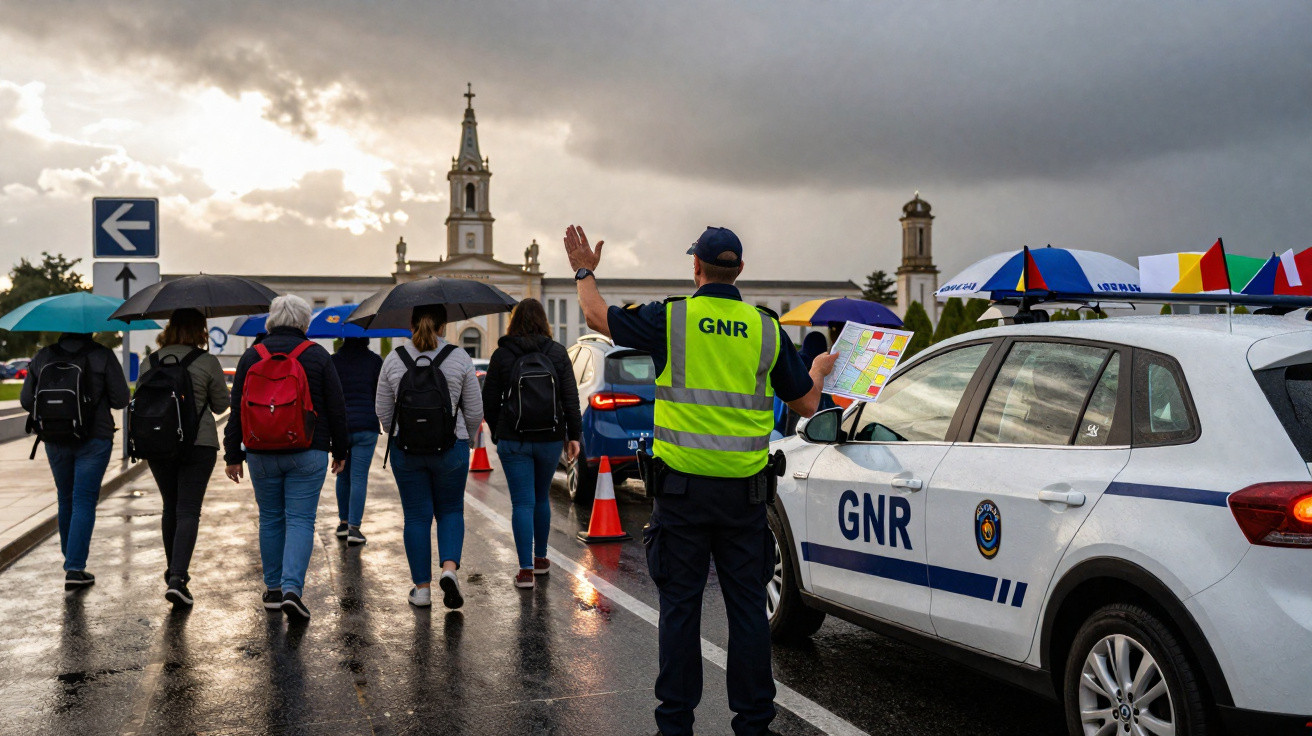 Policial da GNR orienta pedestres com guarda-chuvas em dia chuvoso próximo a igreja.