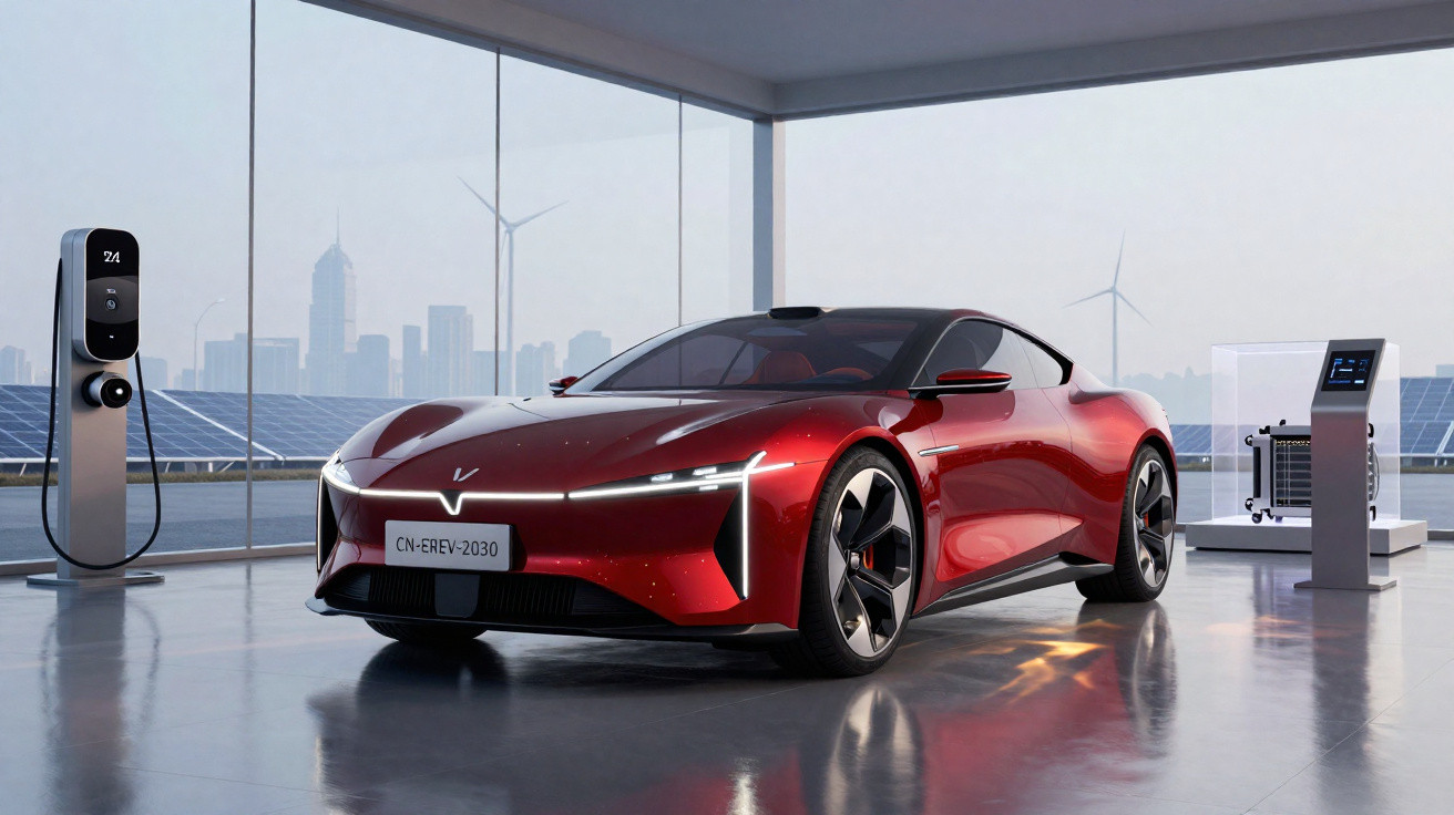 Carro elétrico vermelho moderno exposto em showroom com painéis solares e turbinas eólicas ao fundo.