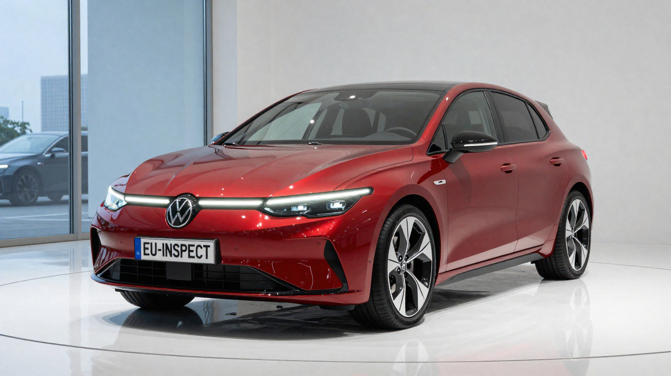 Carro hatchback elétrico vermelho da Volkswagen exibido em ambiente interno moderno e iluminado.