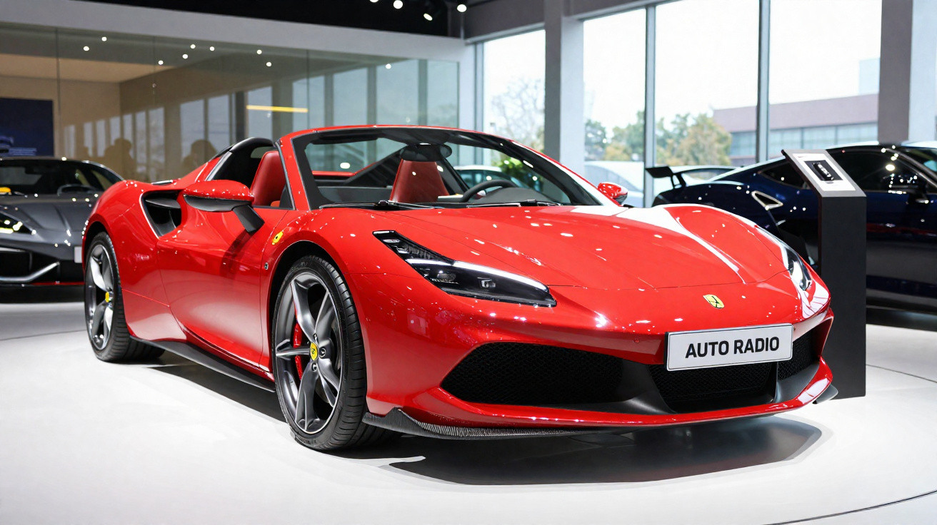 Carro esportivo conversível vermelho em exposição em showroom automotivo moderno.
