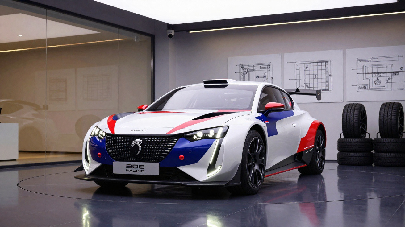 Carro de corrida branco, azul e vermelho, modelo 208 Racing, em showroom com pneus ao fundo.