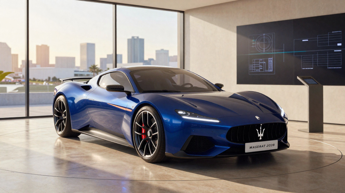 Carro esportivo azul Maserati 2028 em exposição interna com paredes de vidro e tela digital ao fundo.