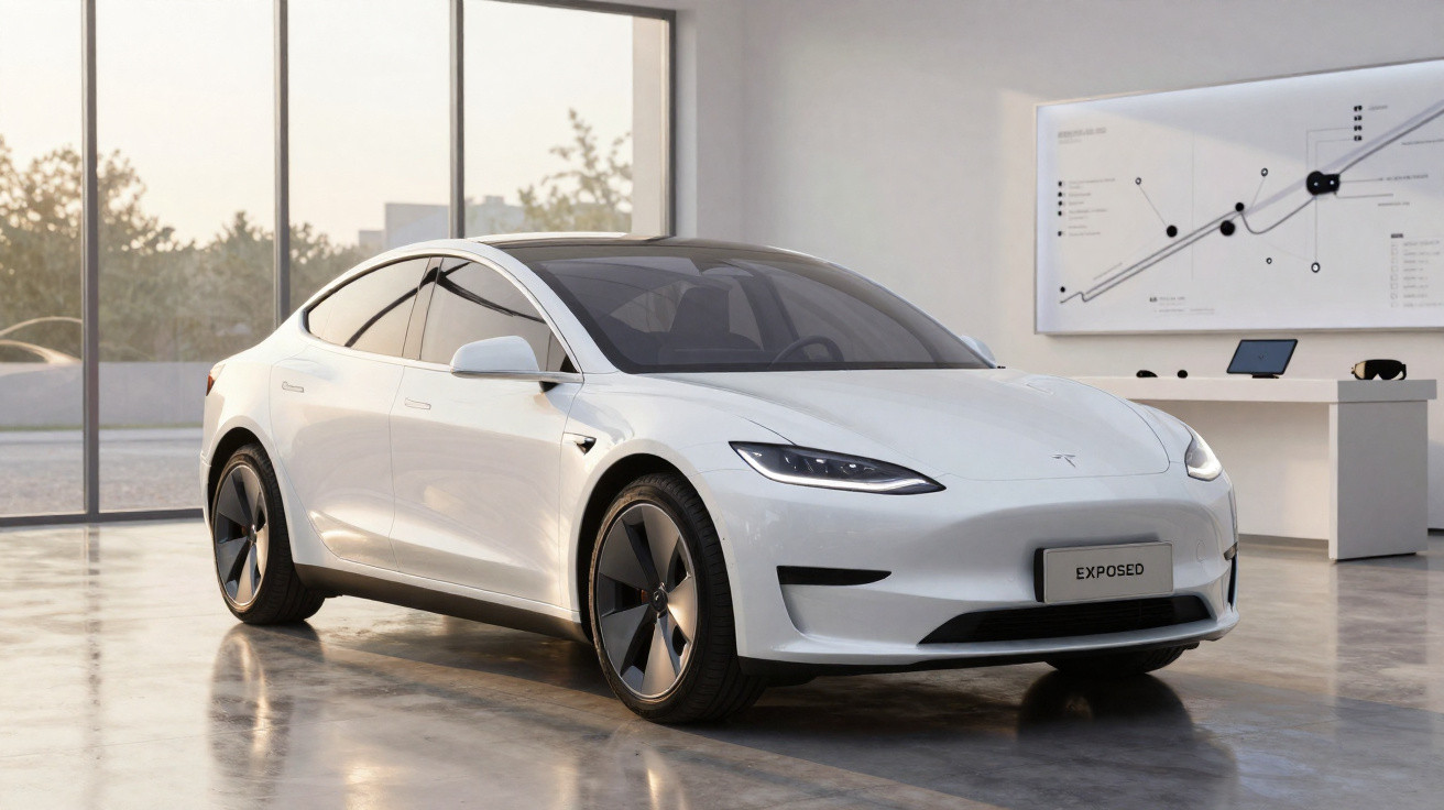 Carro elétrico branco Tesla Model 3 exposto em showroom com piso de concreto e janelas grandes ao fundo.