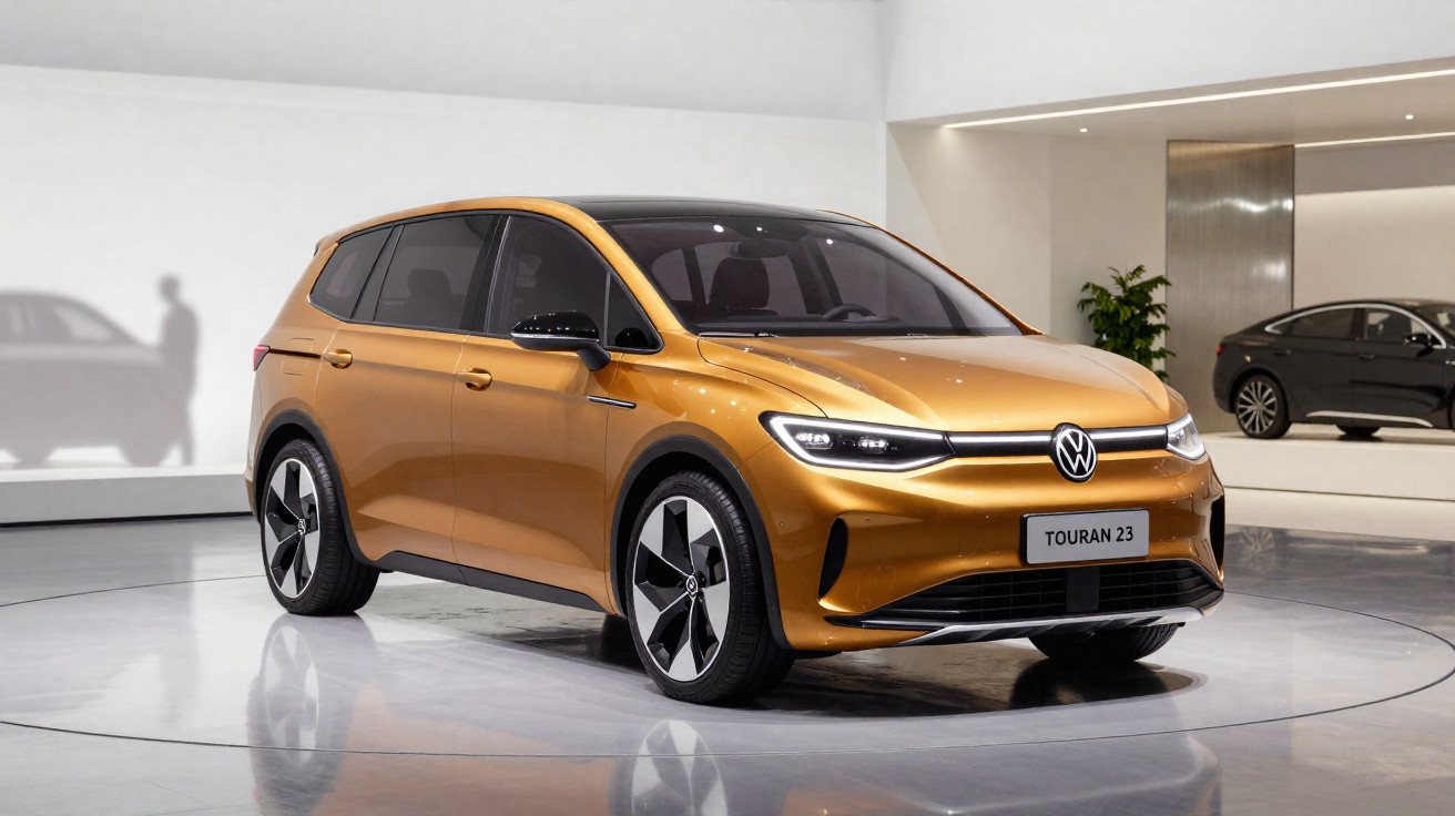Carro SUV elétrico Volkswagen Touran 23 dourado exibido em estande moderno e iluminado.