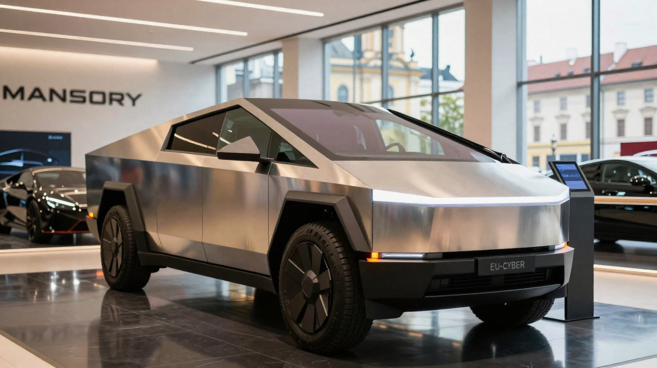 Carro elétrico futurista Tesla Cybertruck prateado em exposição dentro de showroom moderno.