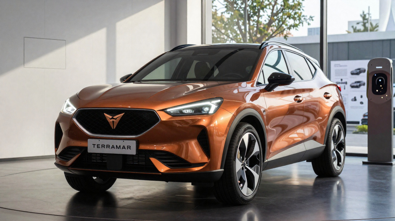 SUV elétrico Cupra Terramar na cor bronze em showroom moderno com carregador elétrico ao fundo.