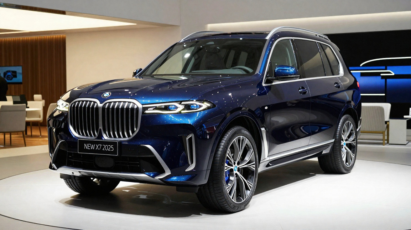 BMW X7 2025 azul escuro estacionado em ambiente interno com iluminação branca e bancos ao fundo.