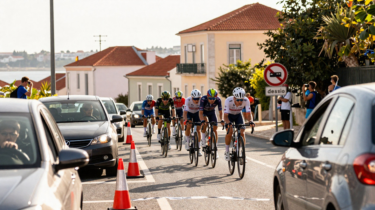 Grupo de ciclistas competindo em corrida de rua com carros e espectadores ao lado, sinal de desvio visível.