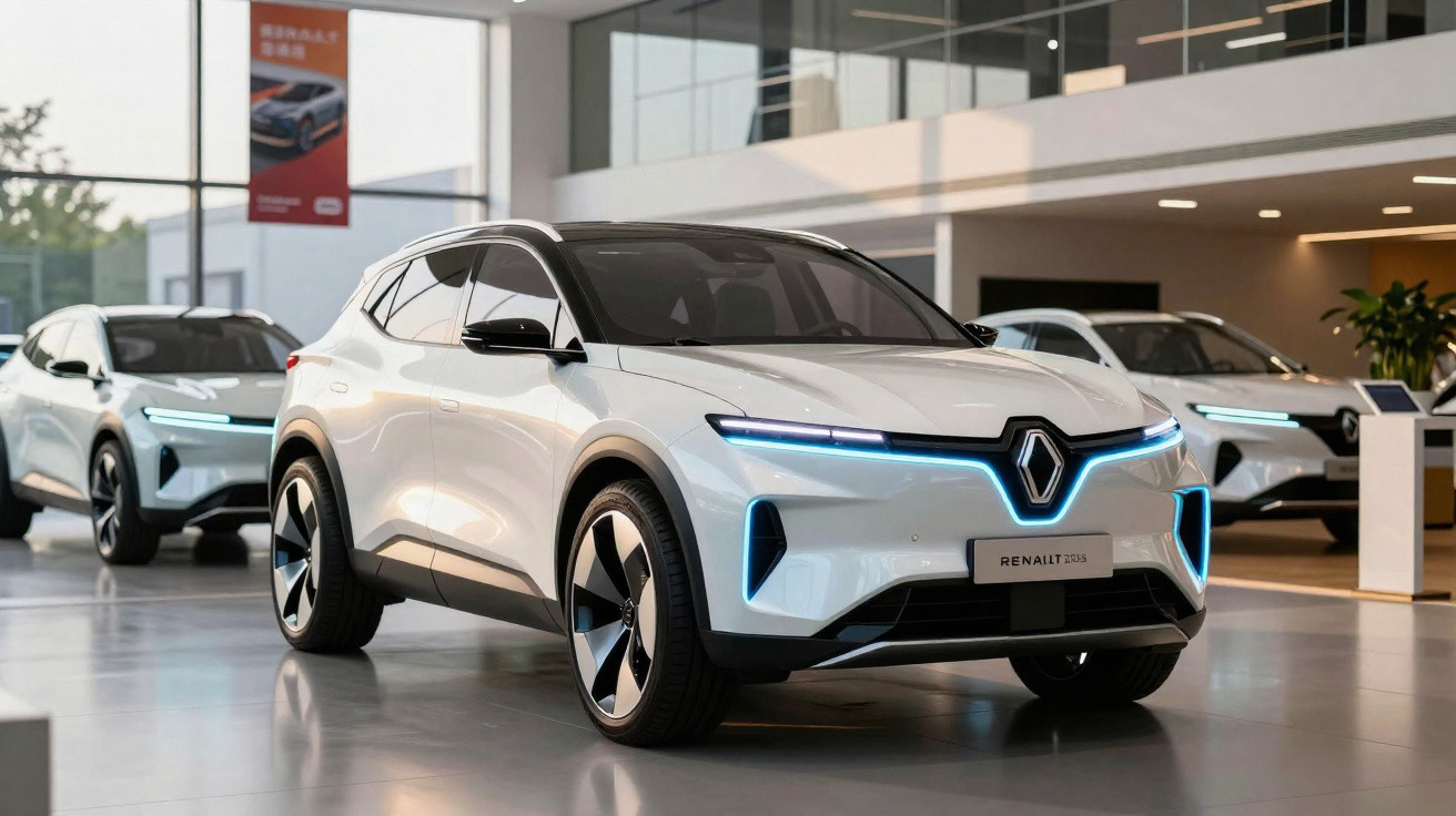 Carros elétricos Renault 2025 exibidos em showroom moderno com iluminação natural.