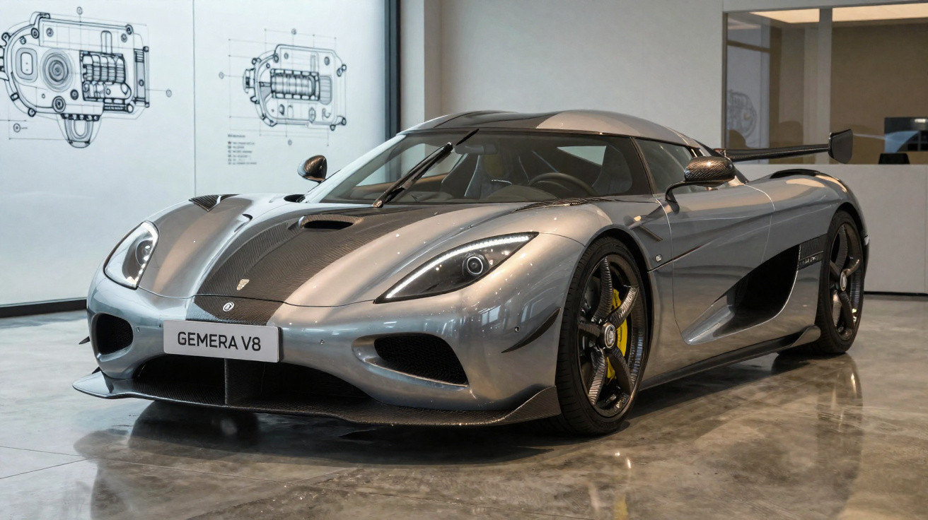 Carro esportivo prata Koenigsegg Gemera V8 em exposição, com rodas douradas e detalhes em fibra de carbono.