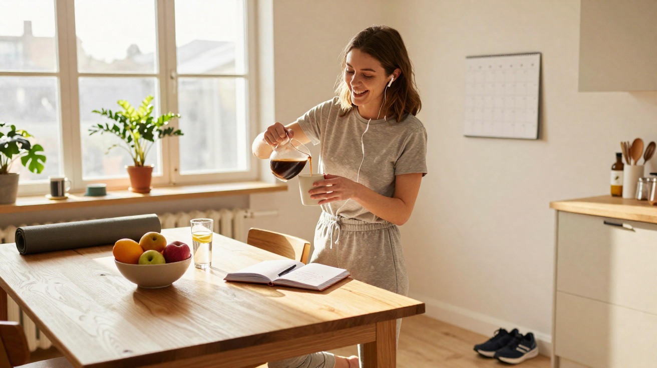 Mulher sorridente servindo café na cozinha, ao lado de frutas e um caderno aberto na mesa iluminada.