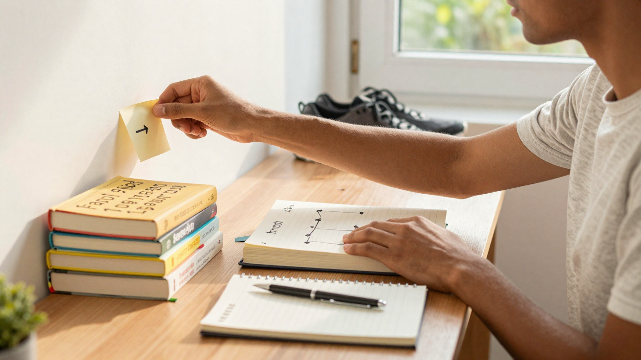 Pessoa escrevendo em bloco de notas à mesa com livros e tênis ao fundo em ambiente iluminado.