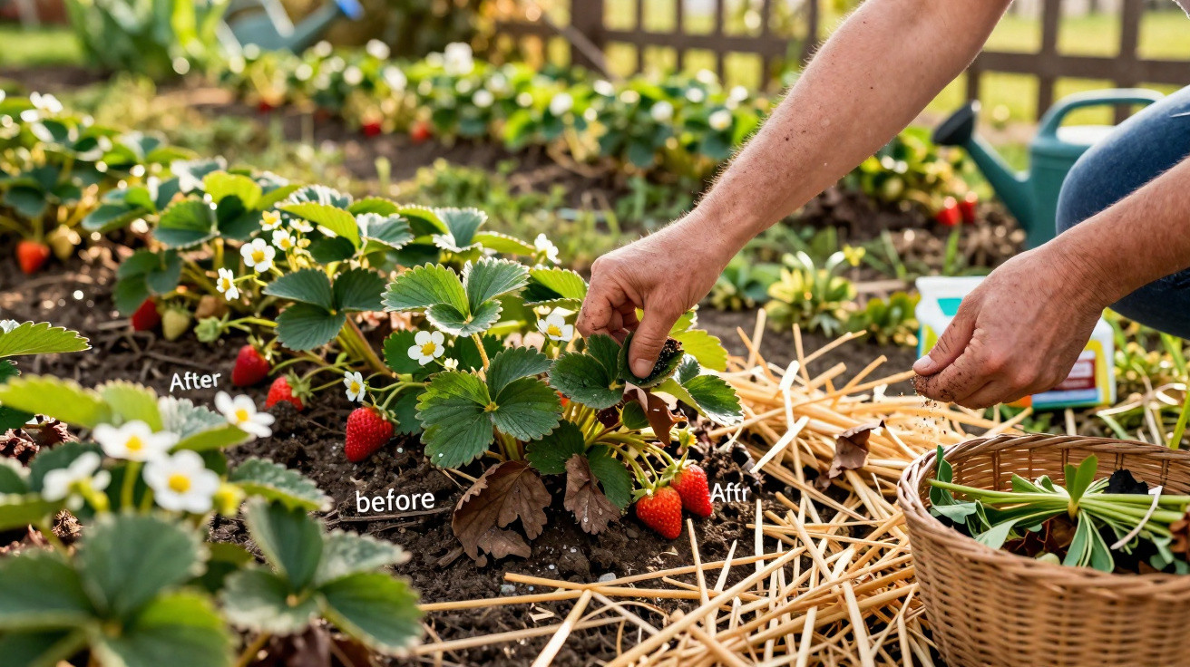 Mãos colhendo folhas secas em plantações de morango com frutas vermelhas em canteiro de jardim.