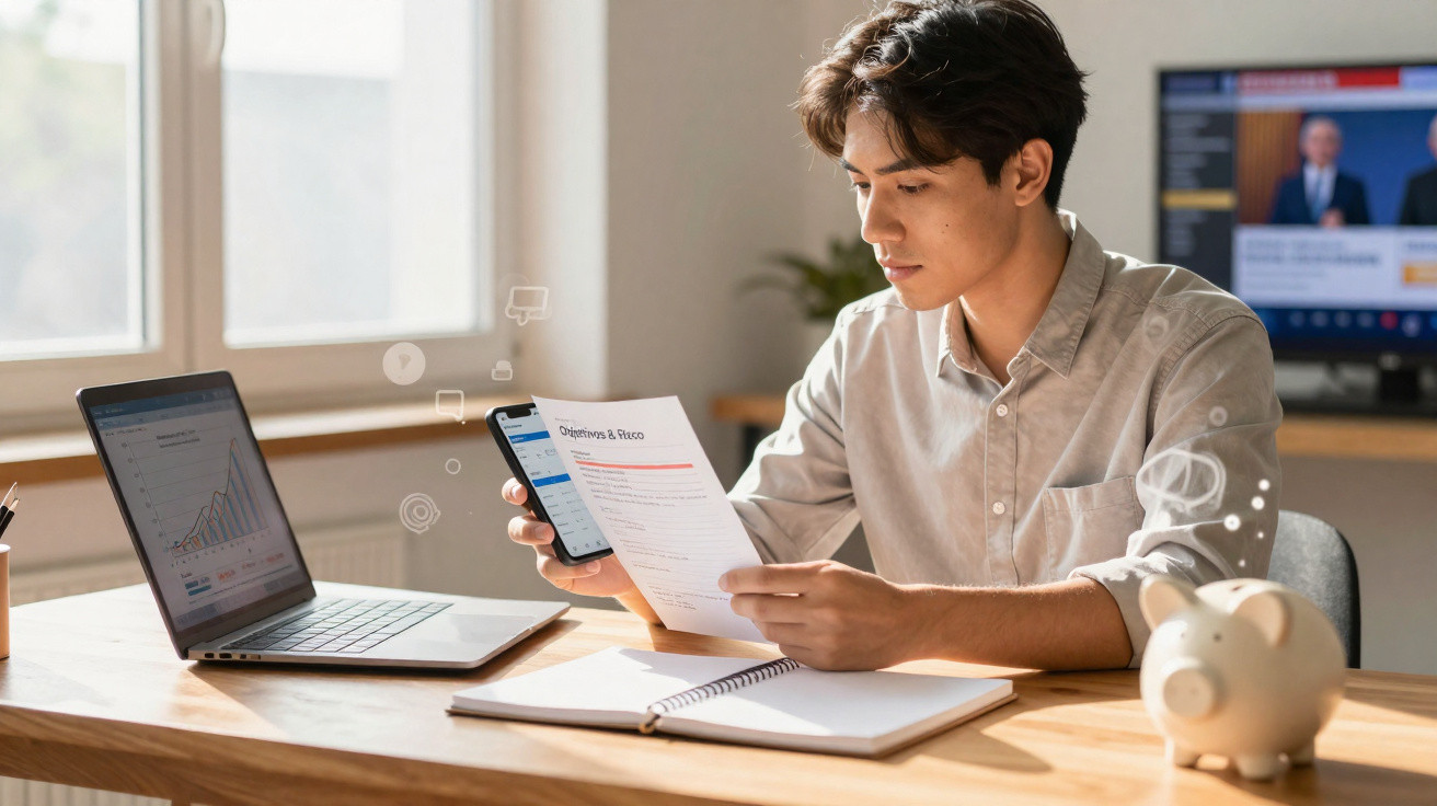 Jovem analisando gráficos financeiros no celular e no computador em mesa com cofrinho e caderno.