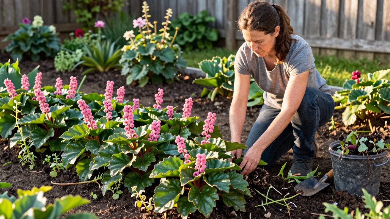 Mulher cuidando de flores pink no jardim ensolarado com ferramentas e vaso ao lado.