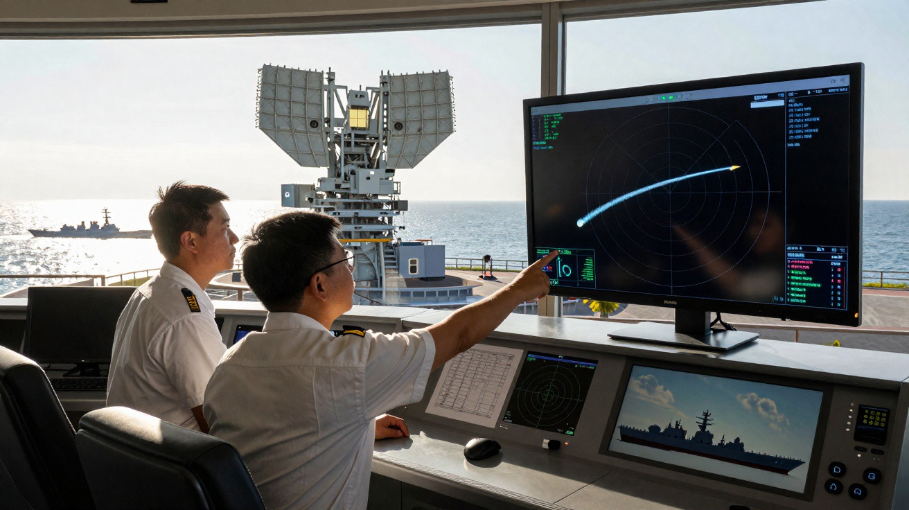 Dois homens observam pelo radar um navio militar no mar durante operação em plataforma naval.