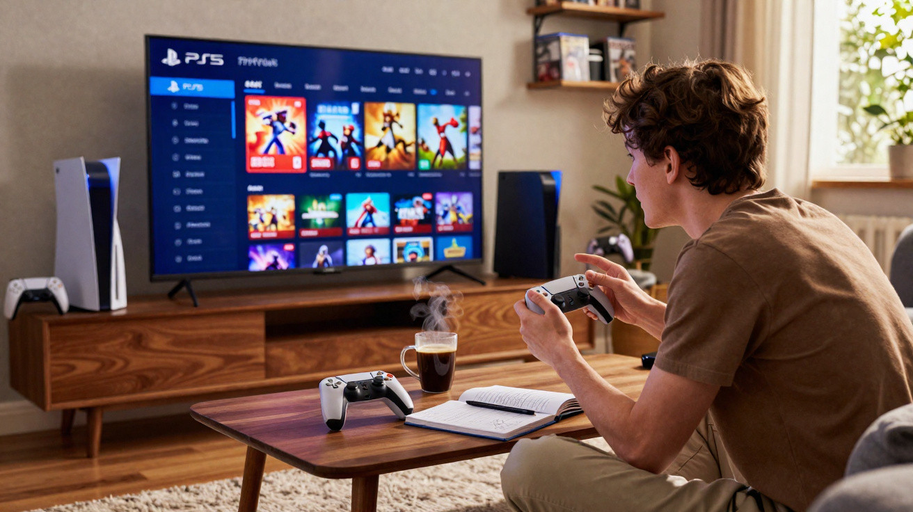 Jovem sentado no chão jogando videogame com controle, TV e PS5 ao fundo em sala de estar.