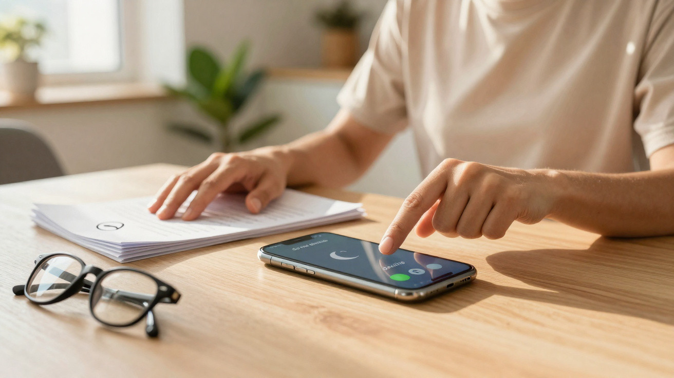 Pessoa utilizando smartphone para atender chamada enquanto está em mesa com documentos e óculos.