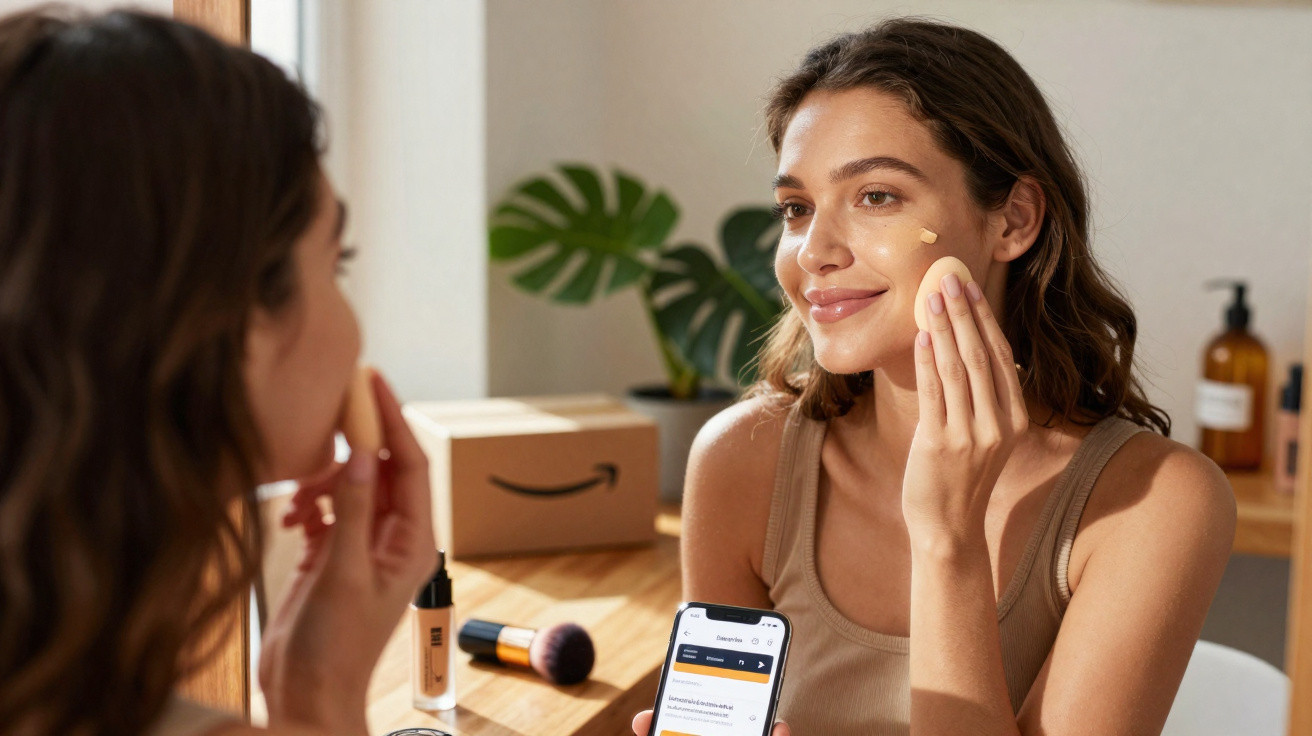 Mulher aplicando base no rosto em frente ao espelho com produtos de maquiagem sobre a mesa.