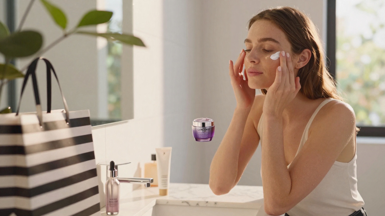 Mulher aplicando creme facial Lancôme no rosto em banheiro com espelho e sacola listrada.