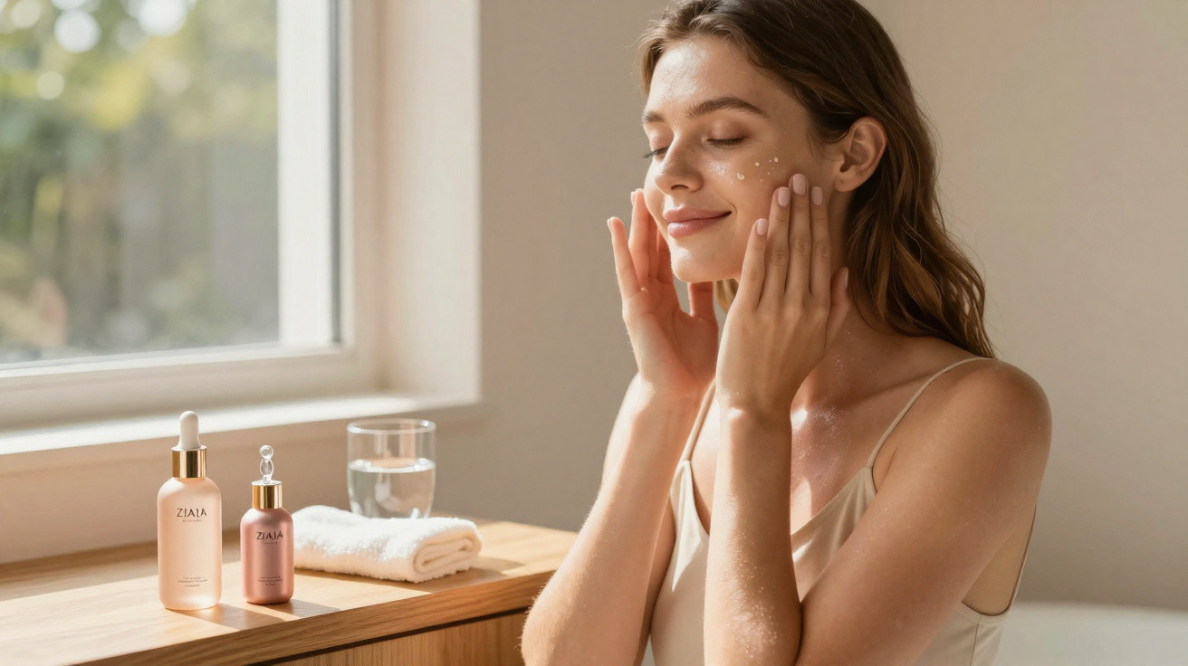 Mulher aplicando creme facial com gotas na bochecha em ambiente iluminado e tranquilo perto da janela.