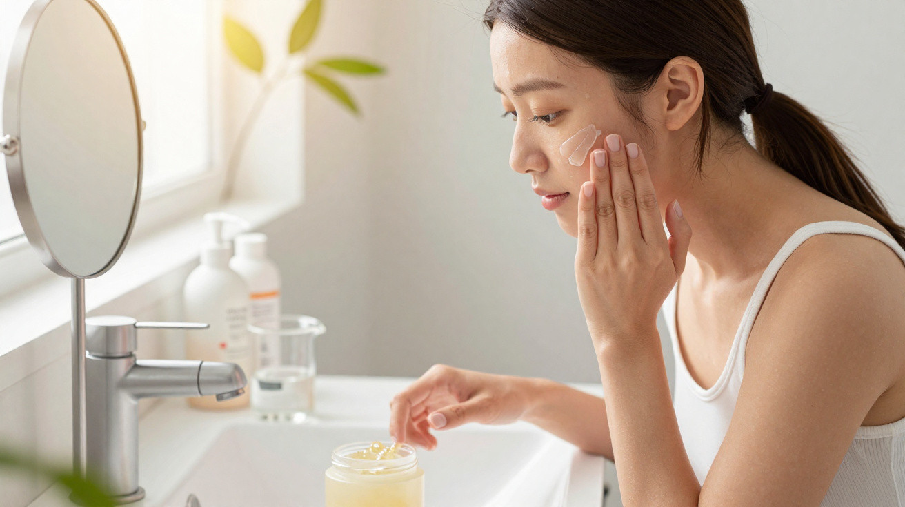 Mulher aplicando creme facial no rosto sentada em bancada de banheiro com espelho e torneira.