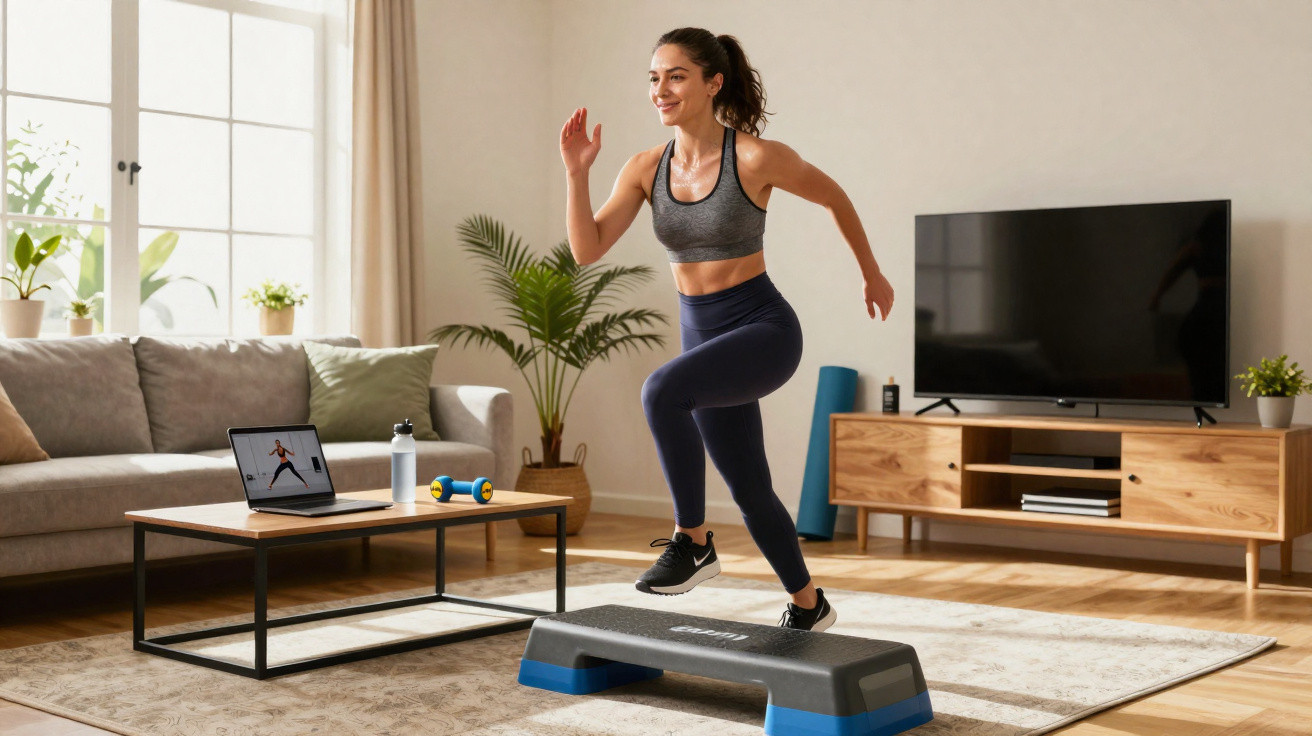 Mulher fazendo exercício aeróbico com step na sala de estar, roupas esportivas e tênis branco.