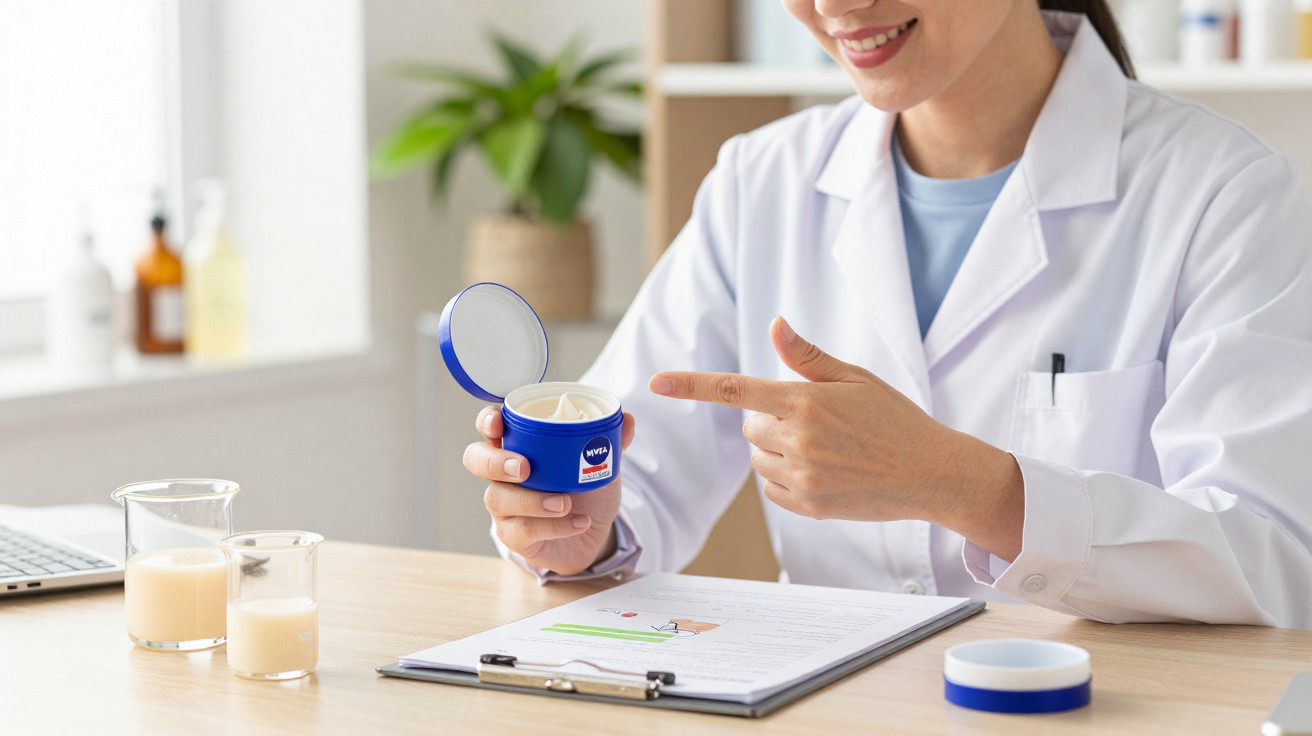Profissional de saúde com jaleco branco segurando e indicando um pote de creme Nivea azul em escritório.