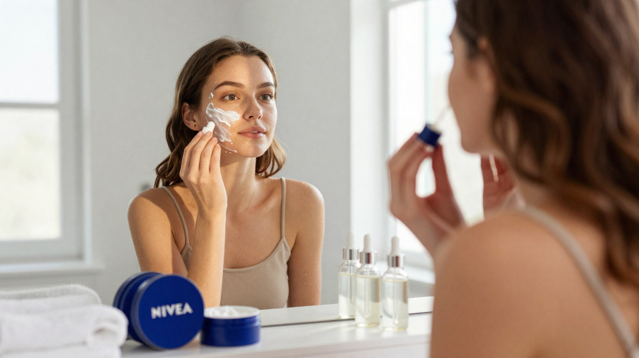 Mulher aplicando creme facial com conta-gotas em frente ao espelho no banheiro.