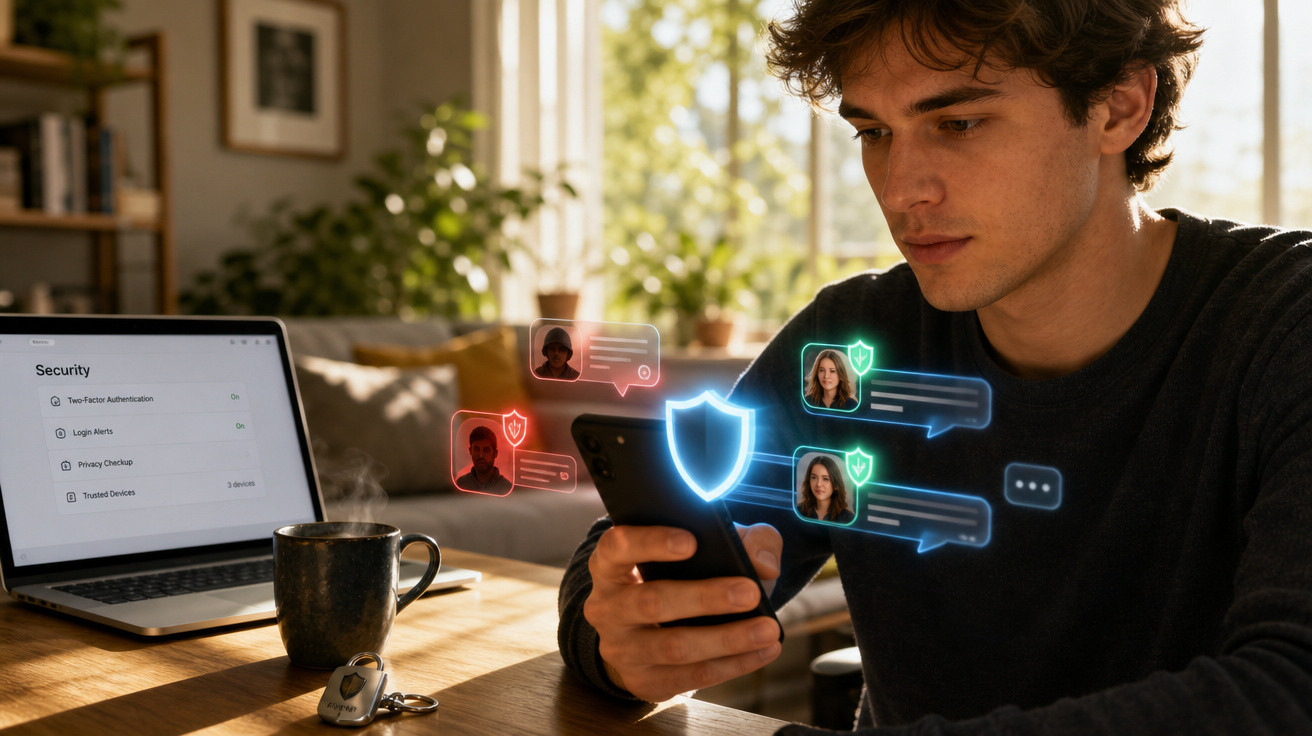 Jovem usando celular com ícones digitais de segurança e laptop aberto em mesa com café.