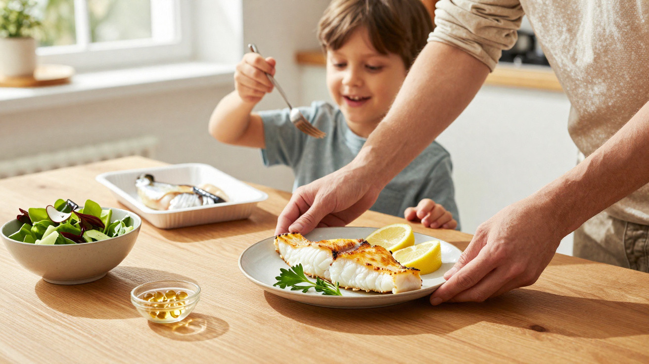 Pessoa servindo prato com filé de peixe grelhado e limão para criança na mesa com salada e cápsulas de óleo de peixe.
