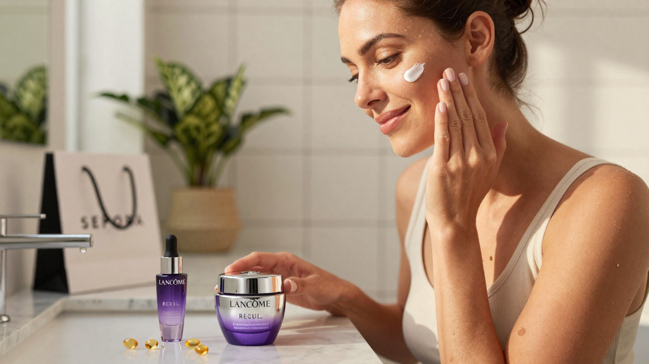 Mulher aplicando creme facial Lancôme ao lado de produtos de cuidados com a pele em bancada.
