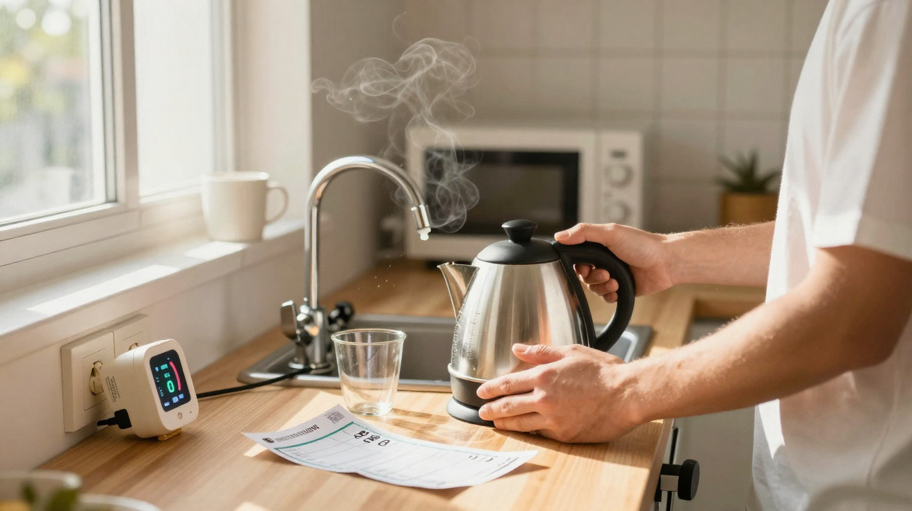 Pessoa segurando copo fumegante ao lado de chaleira elétrica em bancada de cozinha.
