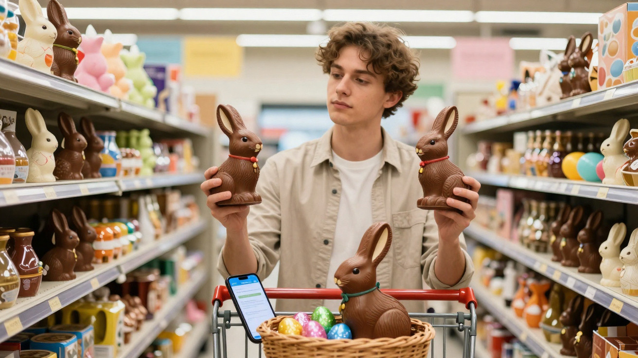Homem jovem compara dois coelhos de chocolate em corredor de supermercado decorado para Páscoa.