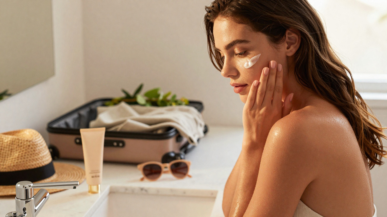 Mulher aplicando creme facial com mala, chapéu e óculos ao fundo em ambiente iluminado.