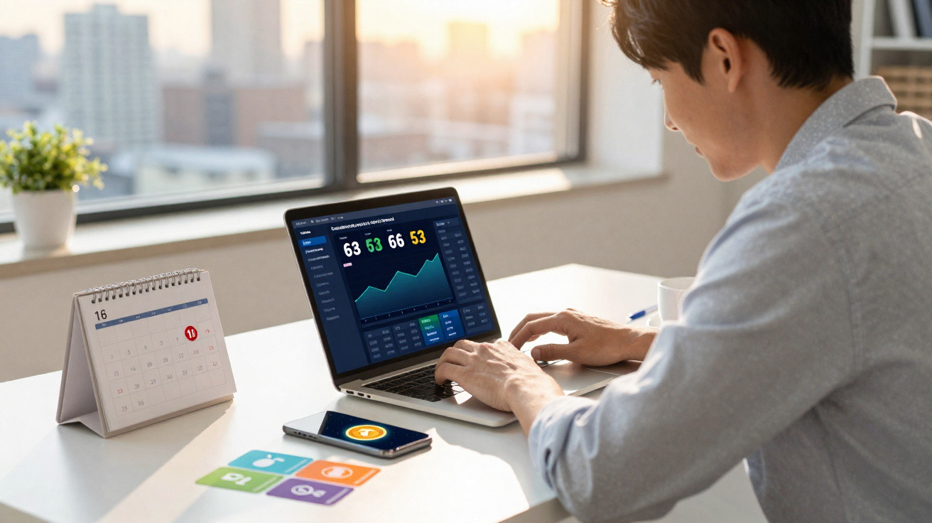 Homem mexendo em laptop com gráfico financeiro aberto, calendário na mesa e celular ao lado.
