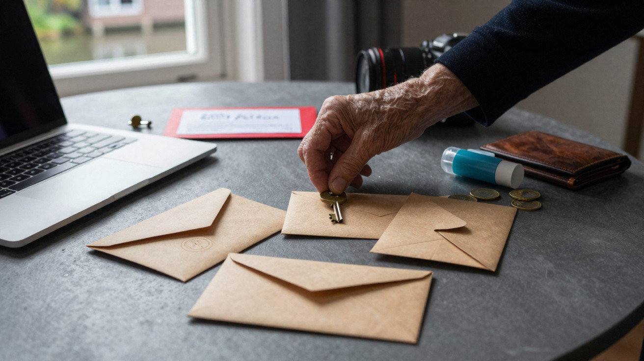 Mesa com quatro envelopes e mão segurando uma chave sobre um deles, ao lado carteira, moedas e câmera fotográfica.
