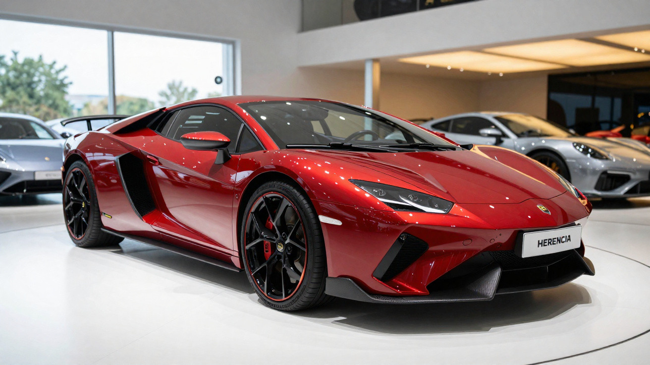 Carro esportivo vermelho com design aerodinâmico exposto em salão automotivo iluminado.