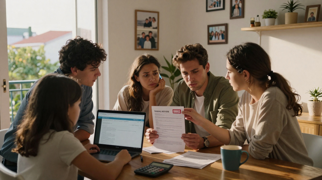 Grupo de quatro jovens reunidos em casa analisando documento e usando laptop à mesa.