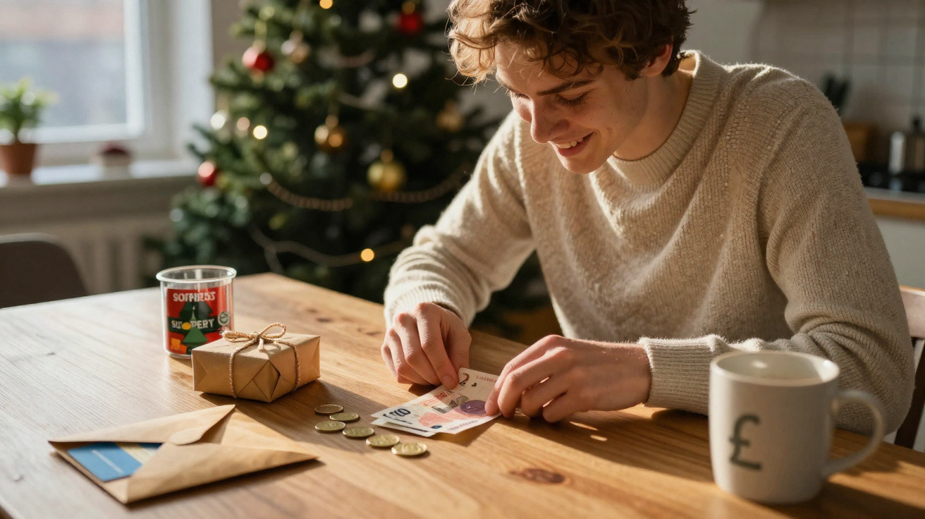 Pessoa sorridente contando dinheiro em mesa de madeira com presente, envelope e caneca perto, árvore de Natal ao fundo.