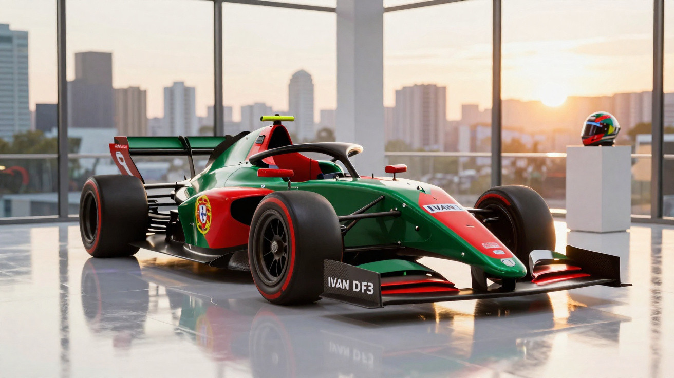 Carro de corrida Fórmula 3 com cores da bandeira de Portugal exibido em salão com vista urbana ao pôr do sol.