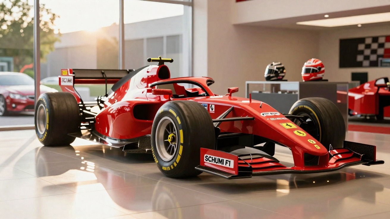 Carro de Fórmula 1 vermelho da Ferrari em exibição em ambiente fechado com capacetes ao fundo.