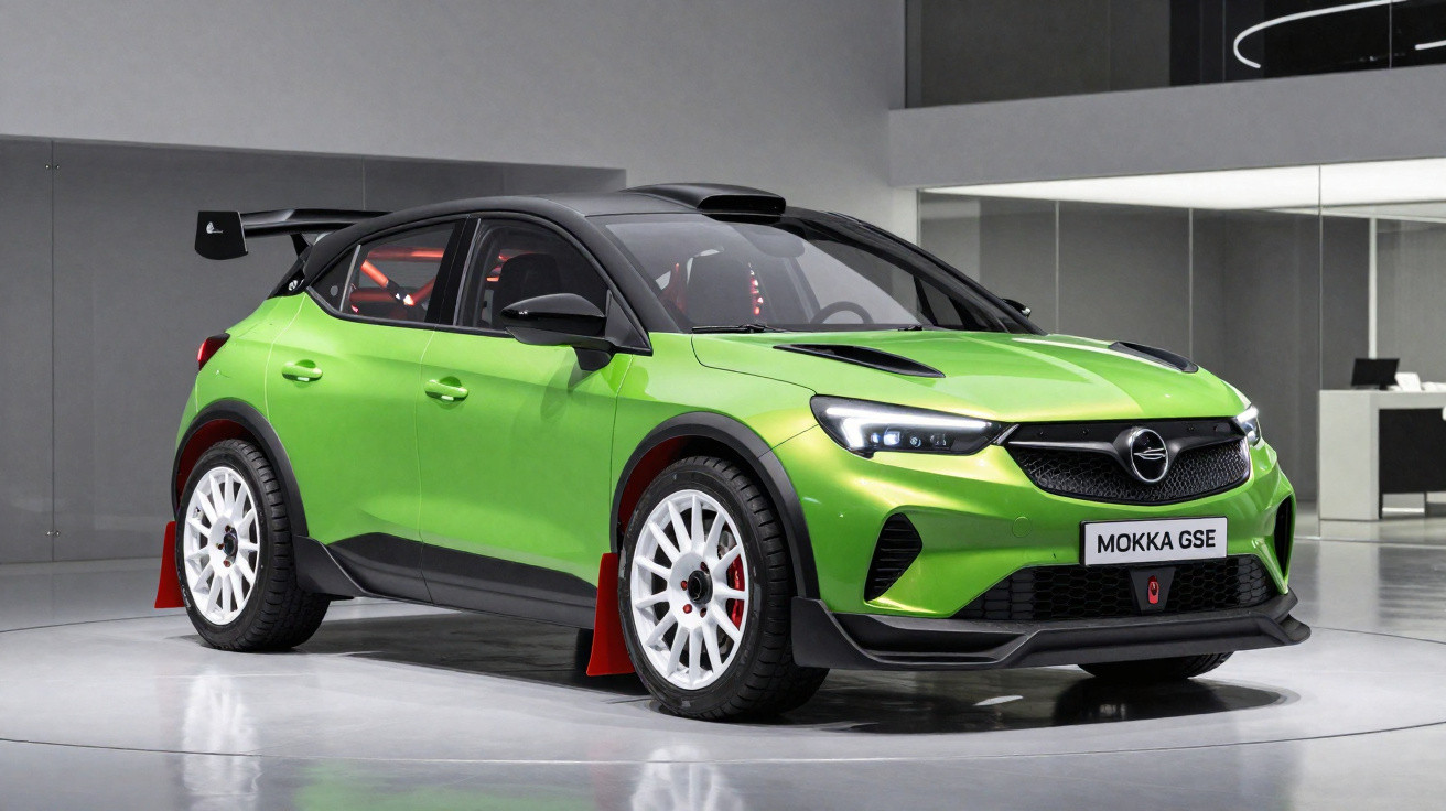 Carro esportivo Opel Mokka GSE verde com rodas brancas em showroom moderno e iluminado.