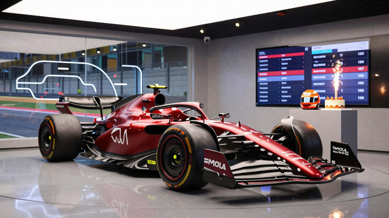 Carro de Fórmula 1 vermelho dentro de showroom moderno com capacete e bolo ao fundo.