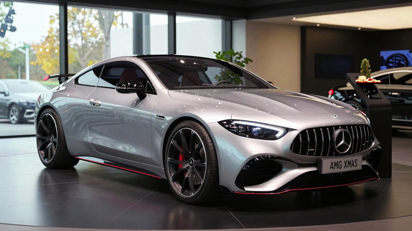 Carro esportivo Mercedes-Benz AMG prata exibido em showroom com design moderno e teto preto.